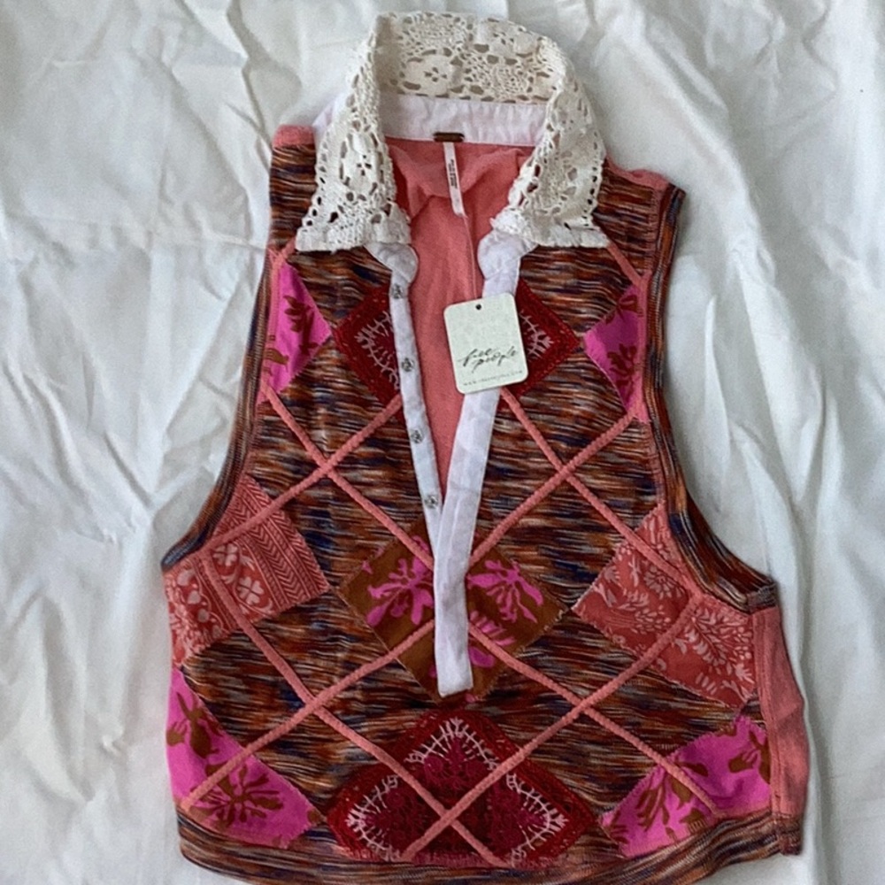 Free People Pink Embellished Button Down Shirt with crotchet collar